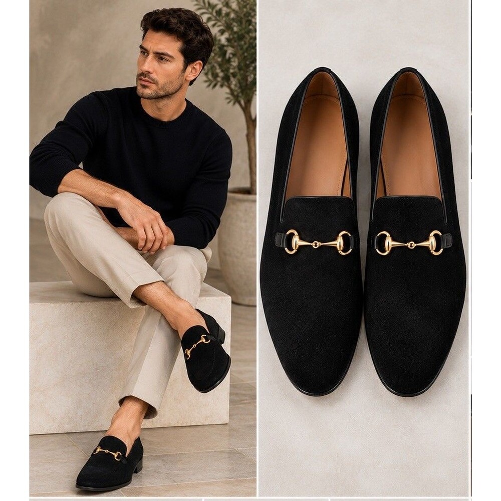 Ron Tomson Men’s 12 EU 45 Black Lambskin Suede Horsebit Loafers